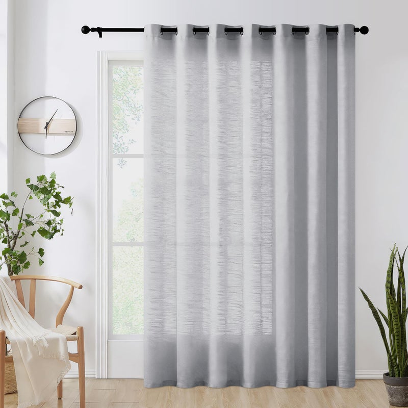 FMFUNCTEX Linen Grey Sheer Curtains for Bedroom 96 inches Long Sliding Door Curtain for Extra Wide Windows White Room Divider Rich Linen Textured Curtain Panels for Living Room Neutral Gray 1 Pack - Image 1